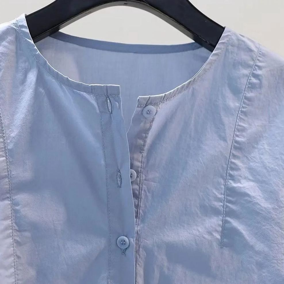 鏤空繡花設計感圓領寬鬆五分袖純棉襯衫-HaloBless