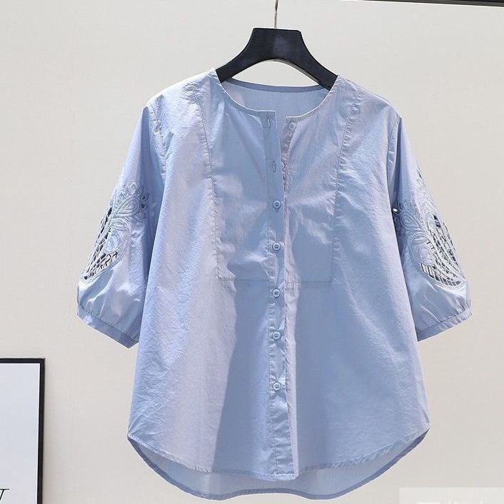 鏤空繡花設計感圓領寬鬆五分袖純棉襯衫-HaloBless