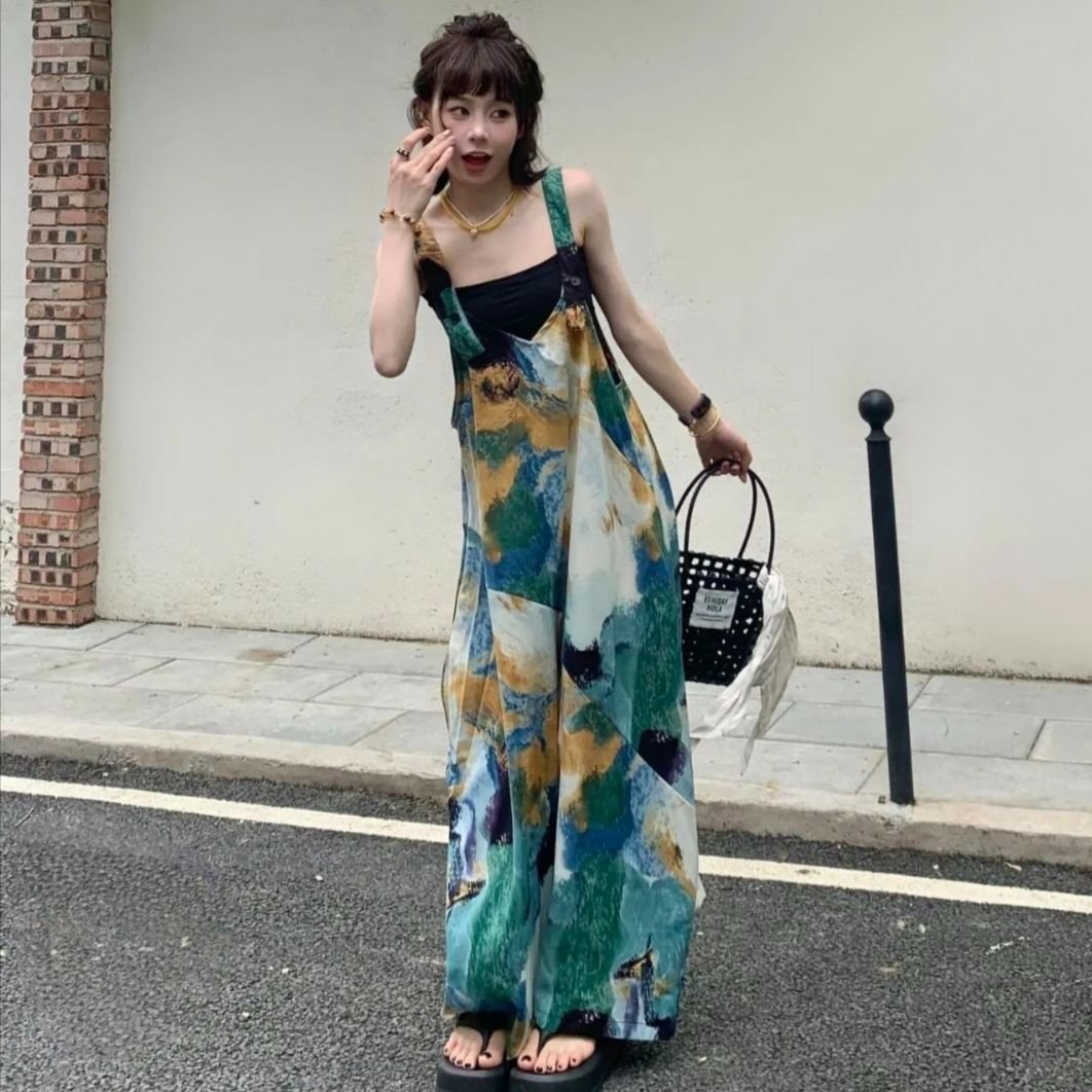 清涼顯白海島藍V領寬鬆闊腿背帶連體褲-HaloBless