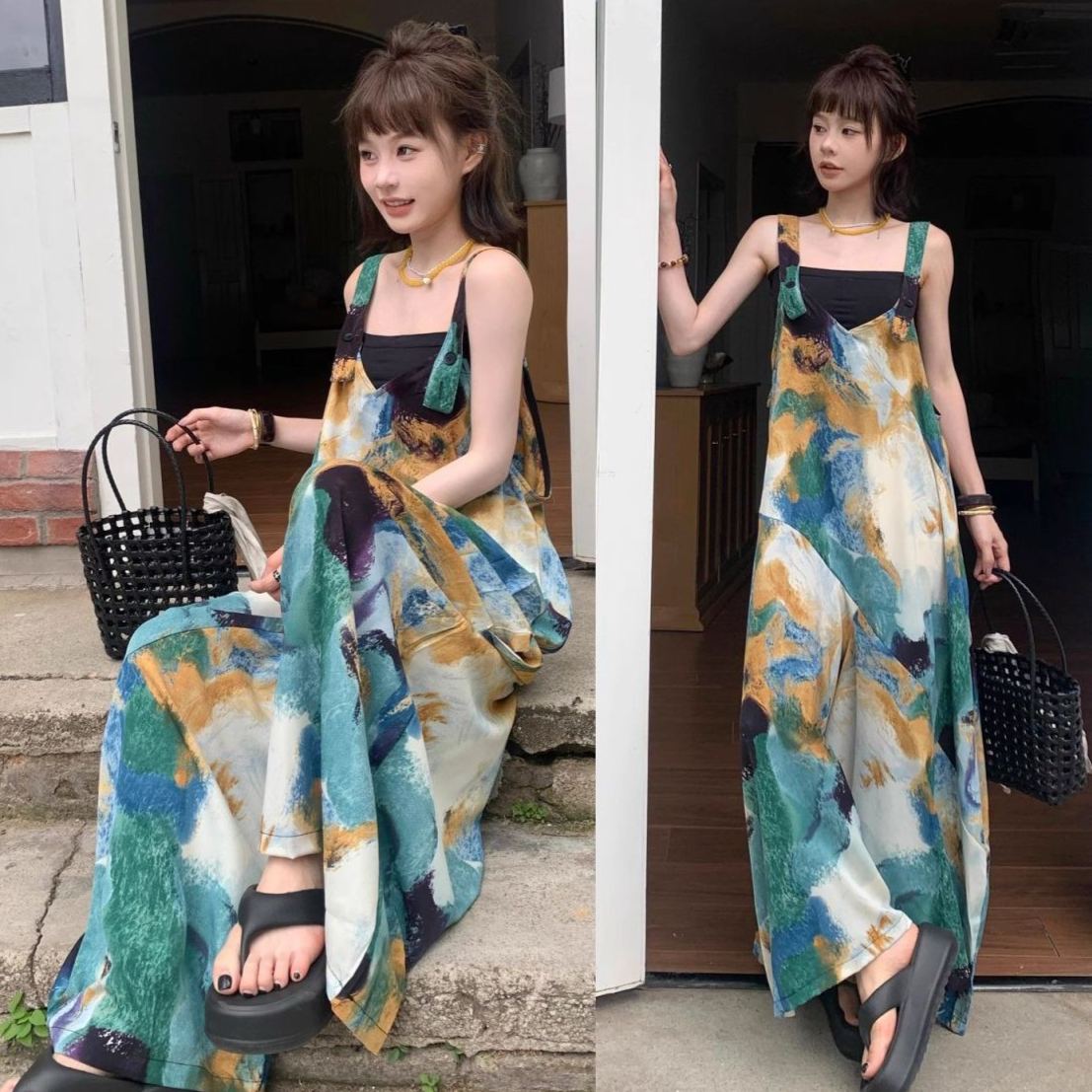 清涼顯白海島藍V領寬鬆闊腿背帶連體褲-HaloBless