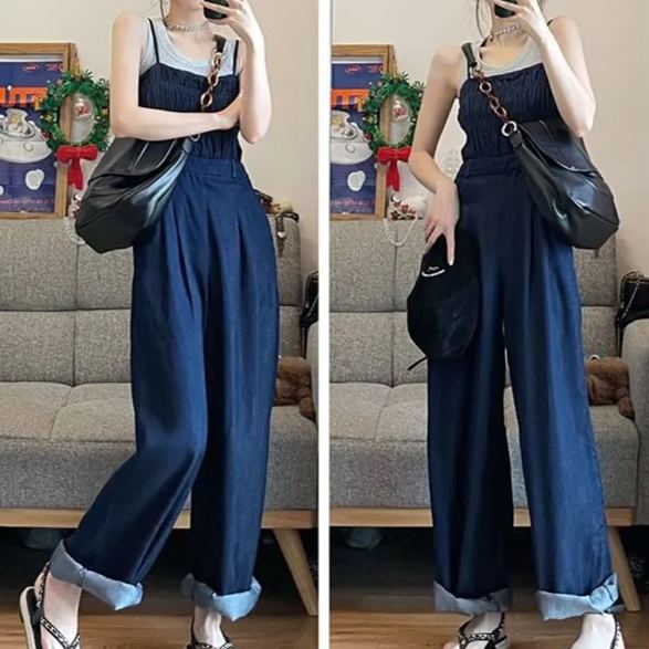 【單品/套裝】輕熟風針織衫顯瘦牛仔連體褲兩件套裝-HaloBless