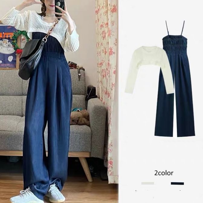 【單品/套裝】輕熟風針織衫顯瘦牛仔連體褲兩件套裝-HaloBless