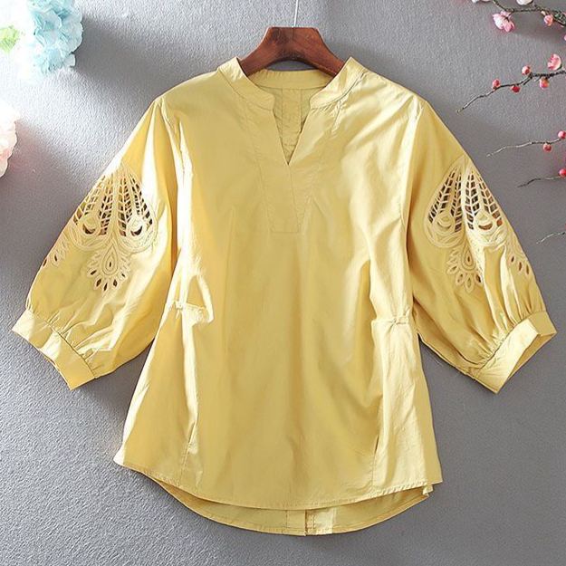 純棉V領氣質中袖鏤空大碼顯瘦襯衫-HaloBless