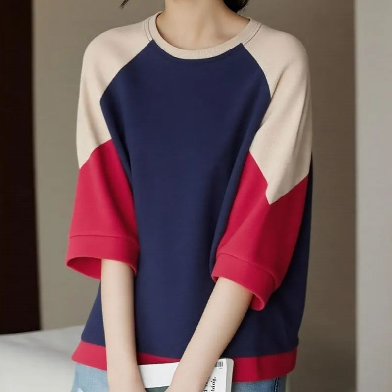 純棉寬鬆圓領文藝休閒五分袖大碼撞色長袖-HaloBless