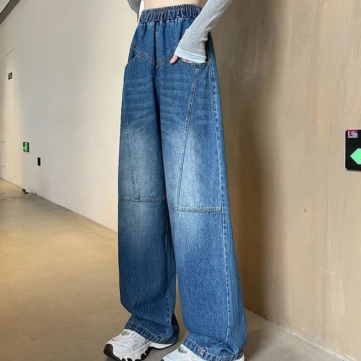 時尚大碼寬鬆顯瘦直筒闊腿鬆緊腰牛仔褲-HaloBless