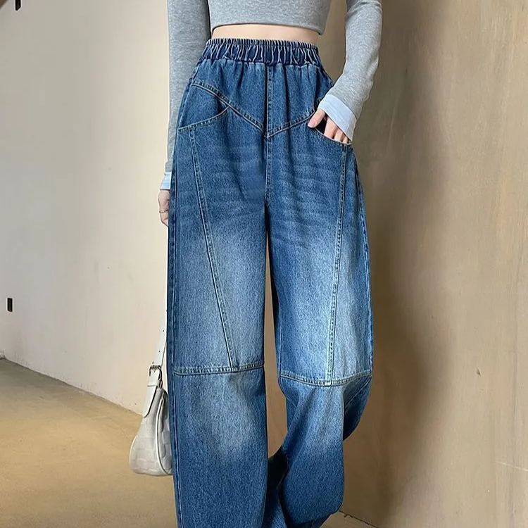 時尚大碼寬鬆顯瘦直筒闊腿鬆緊腰牛仔褲-HaloBless