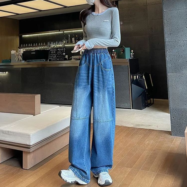 時尚大碼寬鬆顯瘦直筒闊腿鬆緊腰牛仔褲-HaloBless