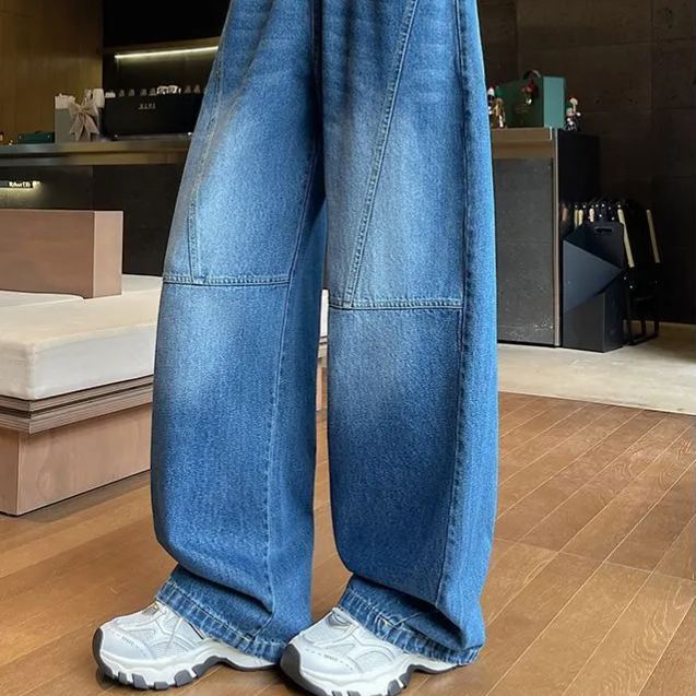 時尚大碼寬鬆顯瘦直筒闊腿鬆緊腰牛仔褲-HaloBless