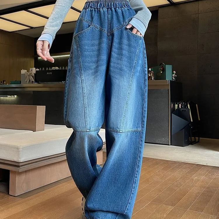 時尚大碼寬鬆顯瘦直筒闊腿鬆緊腰牛仔褲-HaloBless
