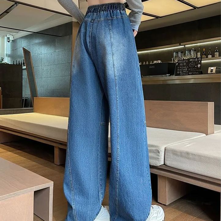 時尚大碼寬鬆顯瘦直筒闊腿鬆緊腰牛仔褲-HaloBless