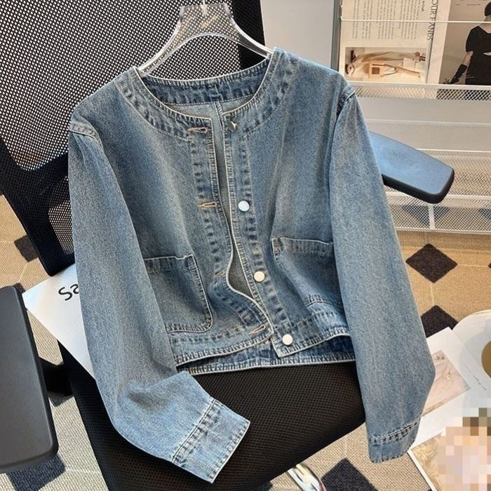 設計感小眾單排扣小香風寬鬆短款牛仔外套-HaloBless