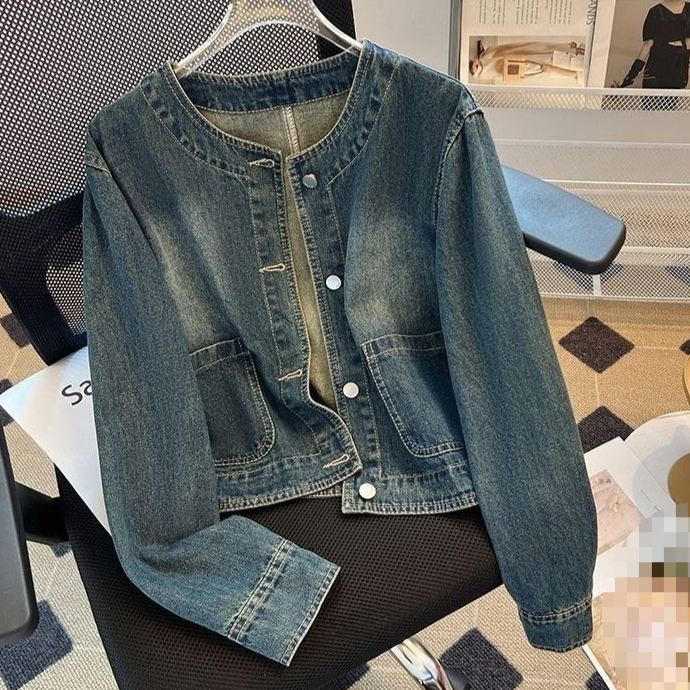 設計感小眾單排扣小香風寬鬆短款牛仔外套-HaloBless