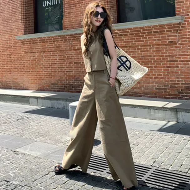 【單件/套裝】極簡設計兩穿無袖背心+寬鬆闊腿褲兩件套裝-HaloBless