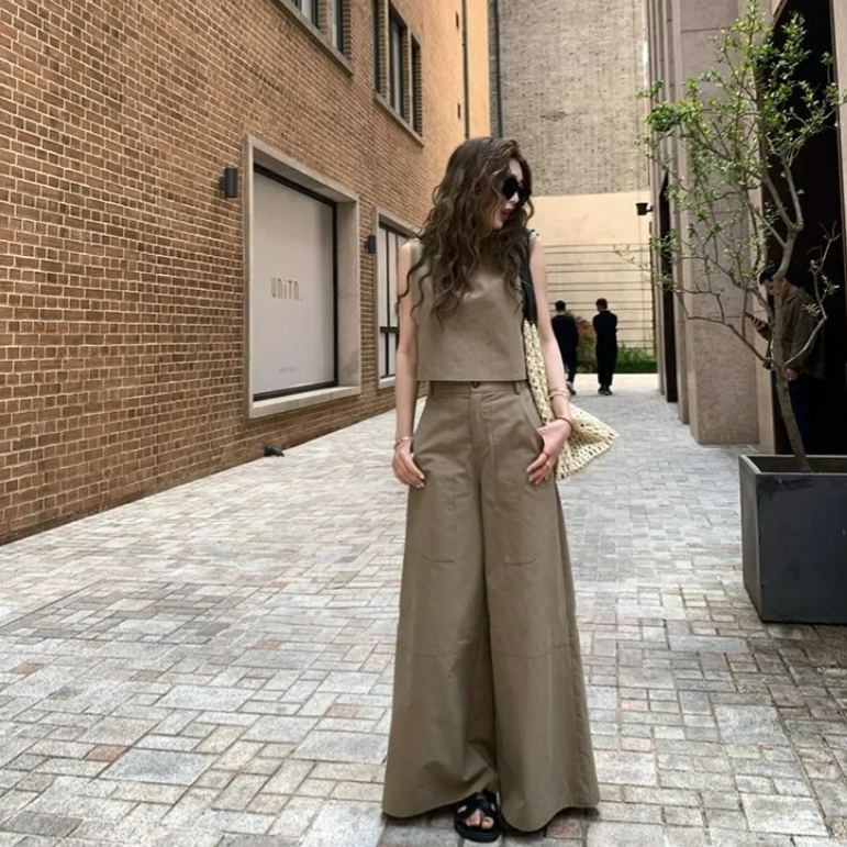 【單件/套裝】極簡設計兩穿無袖背心+寬鬆闊腿褲兩件套裝-HaloBless