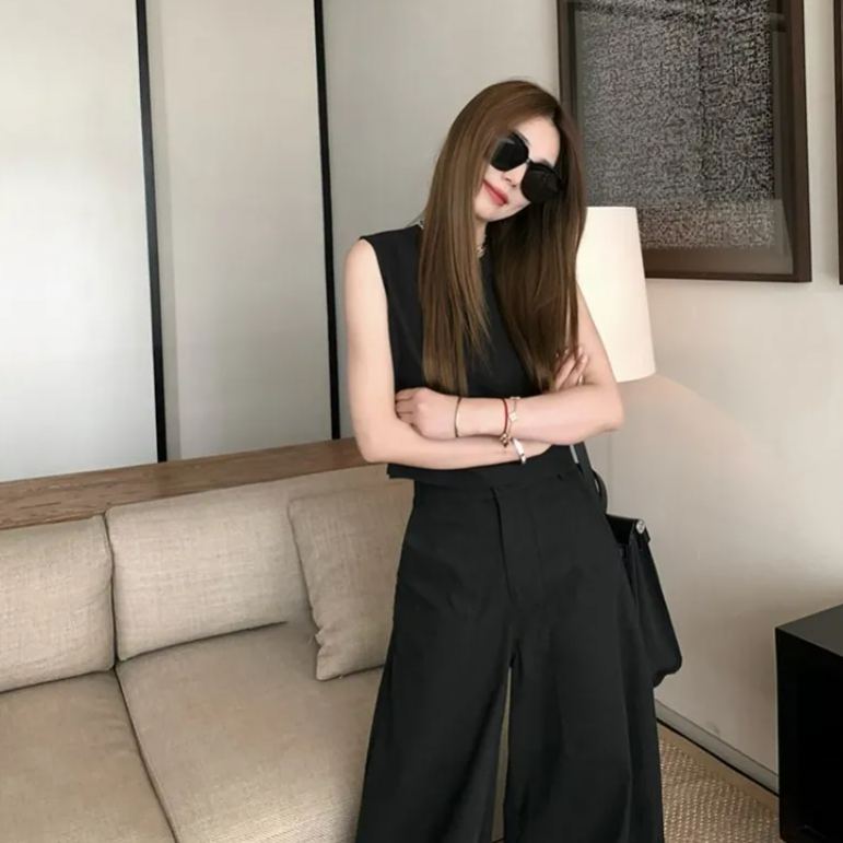 【單件/套裝】極簡設計兩穿無袖背心+寬鬆闊腿褲兩件套裝-HaloBless