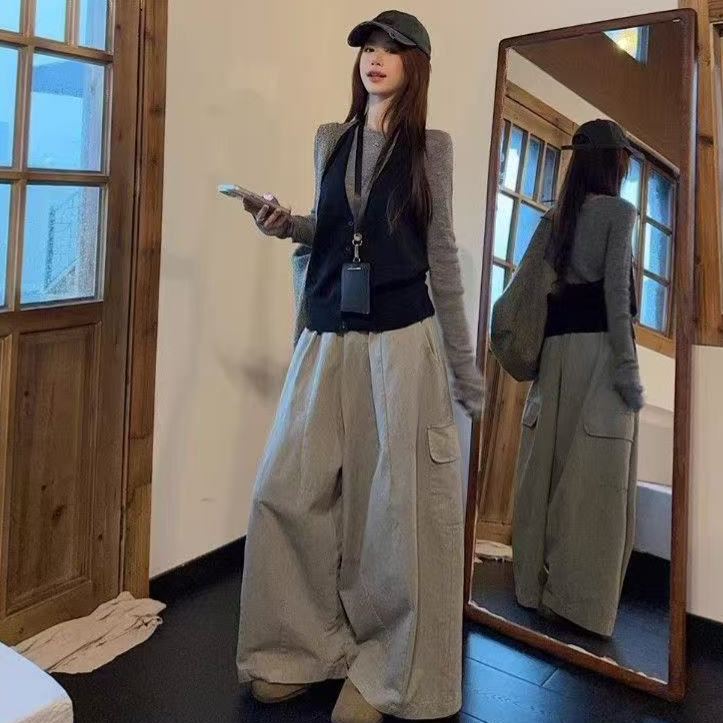 【單件/套裝】韓系大碼馬甲打底衫工裝褲疊穿三件套裝-HaloBless