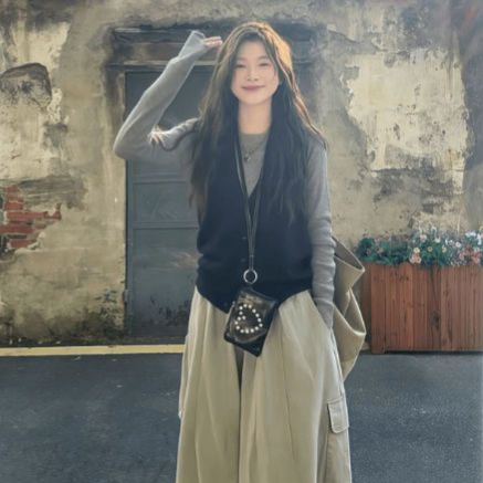 【單件/套裝】韓系大碼馬甲打底衫工裝褲疊穿三件套裝-HaloBless