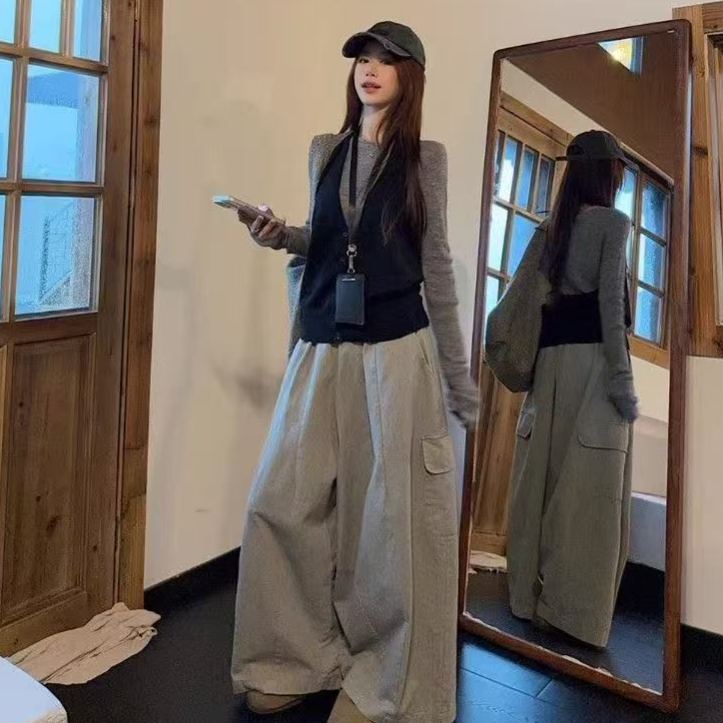 【單件/套裝】韓系大碼馬甲打底衫工裝褲疊穿三件套裝-HaloBless