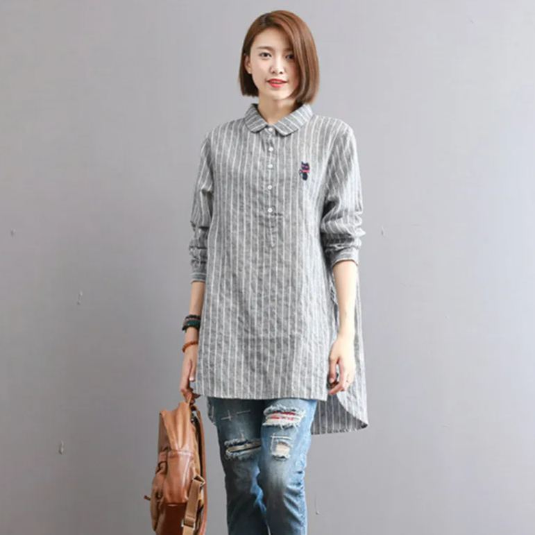 寬鬆中長款刺繡條紋長袖棉質娃娃領襯衫-HaloBless