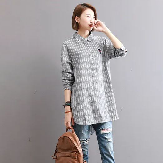 寬鬆中長款刺繡條紋長袖棉質娃娃領襯衫-HaloBless