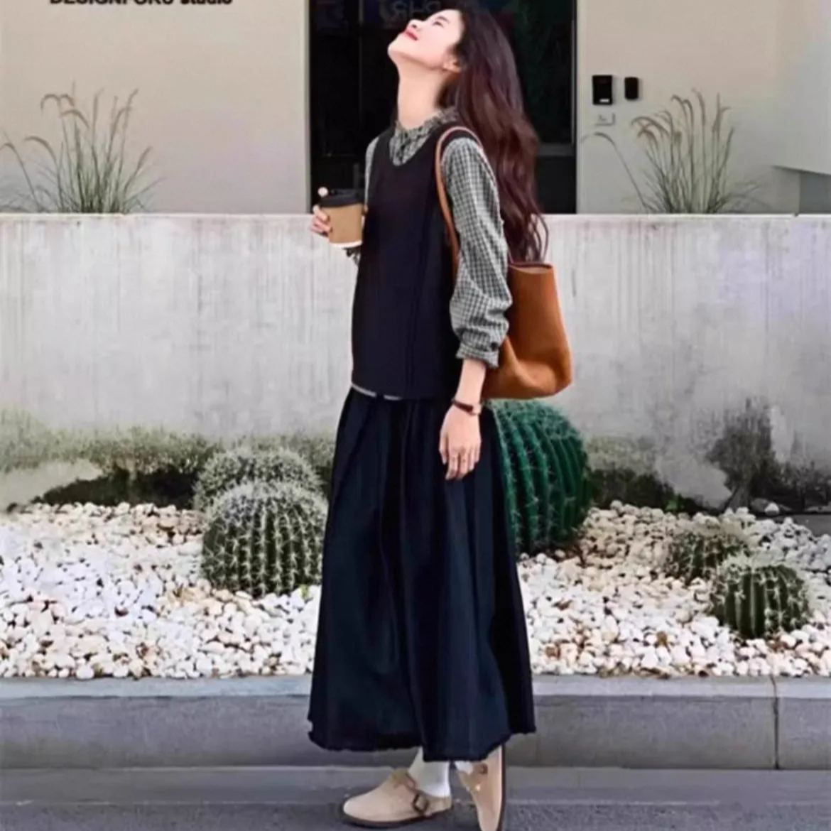 【單件/套裝】舒適格子襯衫+設計感馬甲+休閑半身裙三件套裝-HaloBless