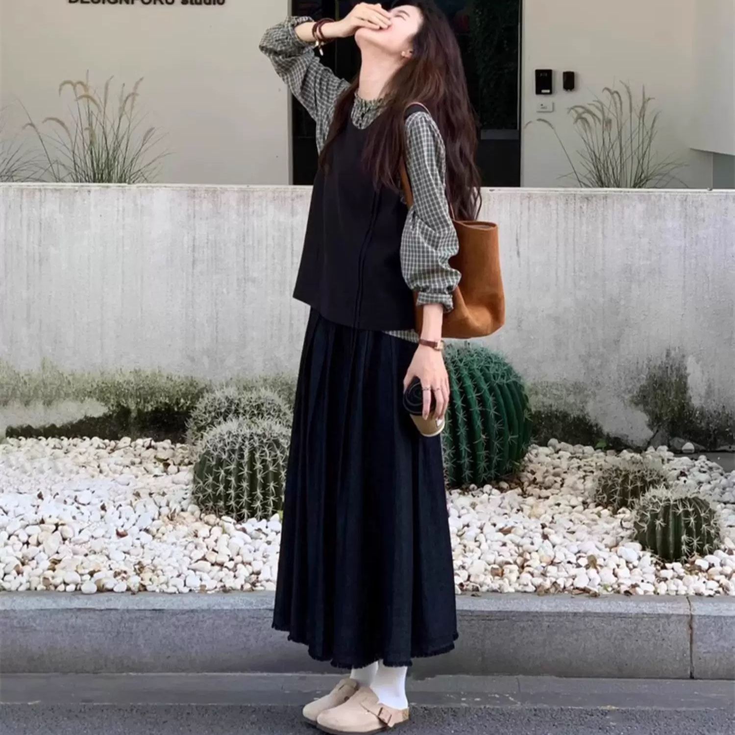 【單件/套裝】舒適格子襯衫+設計感馬甲+休閑半身裙三件套裝-HaloBless