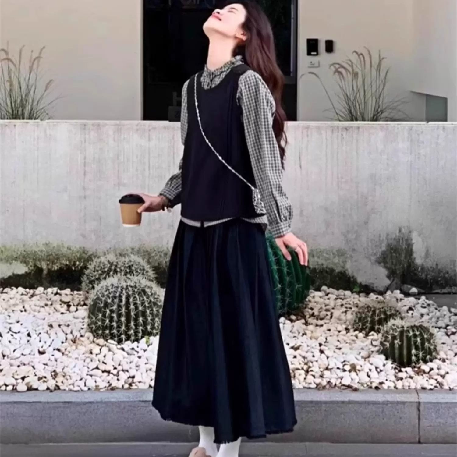 【單件/套裝】舒適格子襯衫+設計感馬甲+休閑半身裙三件套裝-HaloBless