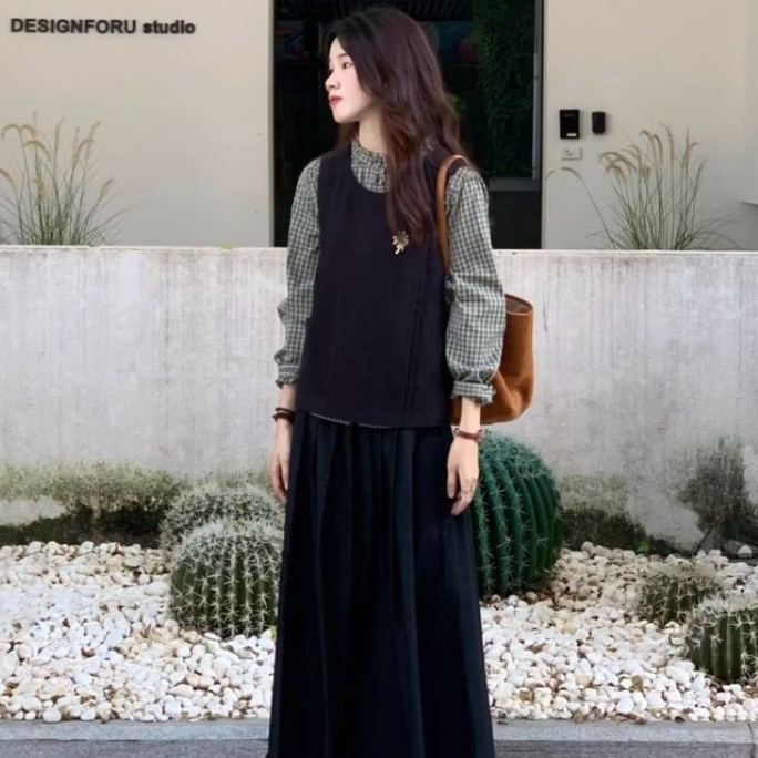 【單件/套裝】舒適格子襯衫+設計感馬甲+休閑半身裙三件套裝-HaloBless