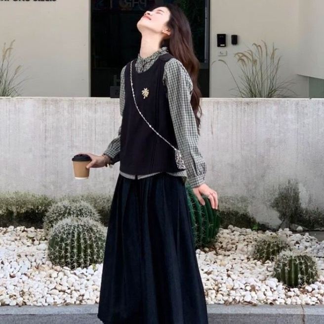 【單件/套裝】舒適格子襯衫+設計感馬甲+休閑半身裙三件套裝-HaloBless