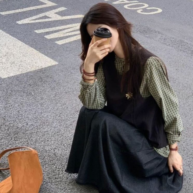 【單件/套裝】舒適格子襯衫+設計感馬甲+休閑半身裙三件套裝-HaloBless