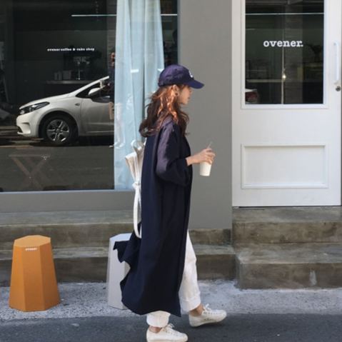 韓國chic寬鬆系帶收腰襯衫風衣外套-HaloBless