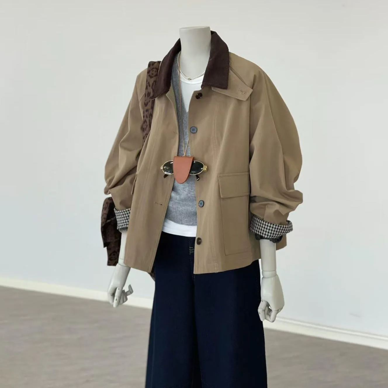 韓系復古小眾設計感撞色格紋拼接風衣外套-HaloBless