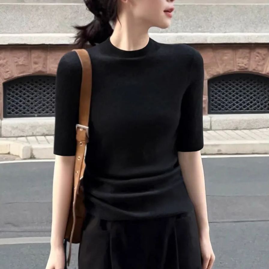 百搭顯瘦半高領五分袖內搭修身打底針織衫-HaloBless