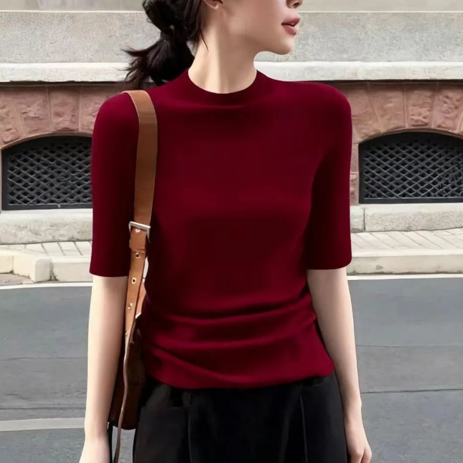 百搭顯瘦半高領五分袖內搭修身打底針織衫-HaloBless