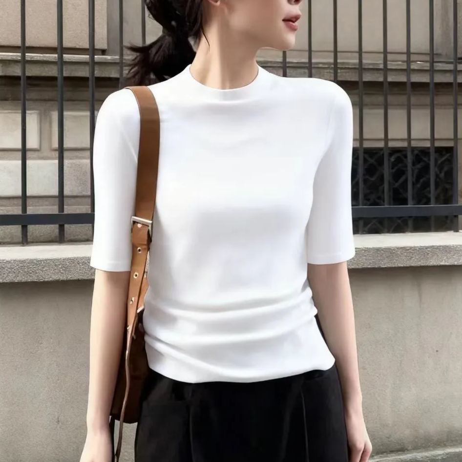 百搭顯瘦半高領五分袖內搭修身打底針織衫-HaloBless