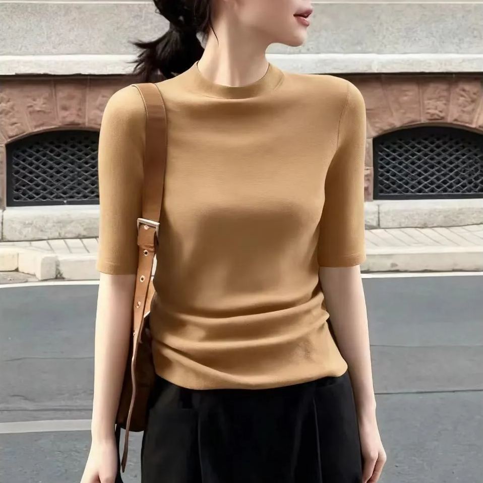 百搭顯瘦半高領五分袖內搭修身打底針織衫-HaloBless