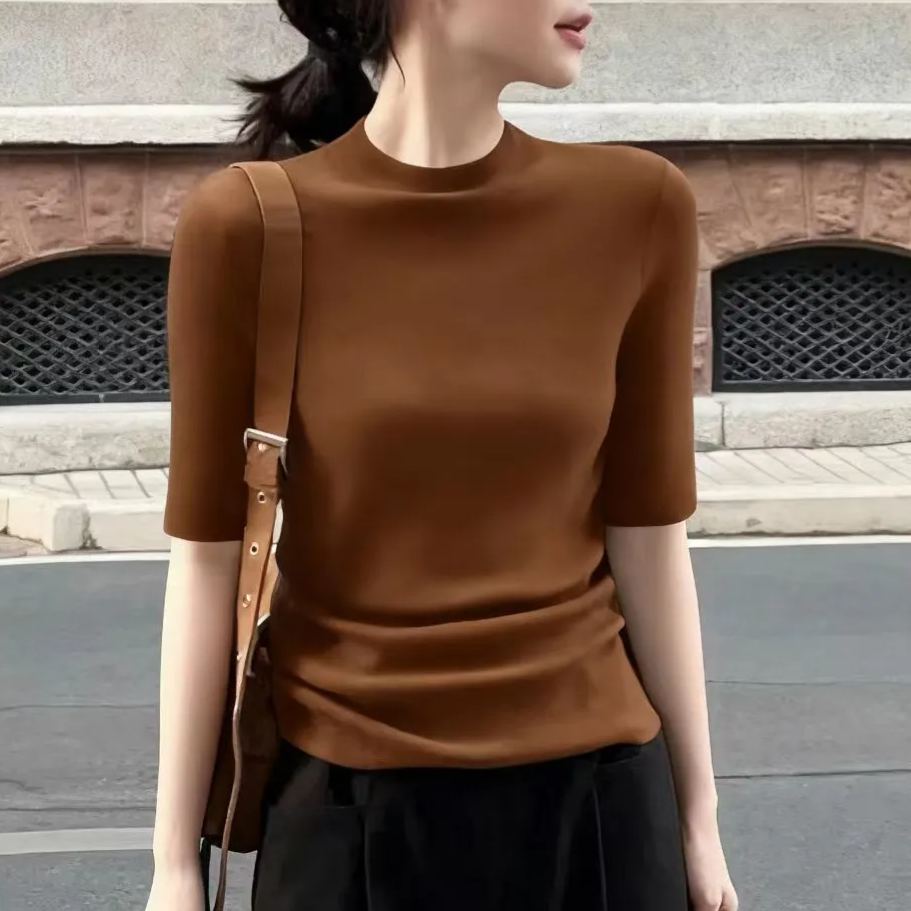 百搭顯瘦半高領五分袖內搭修身打底針織衫-HaloBless