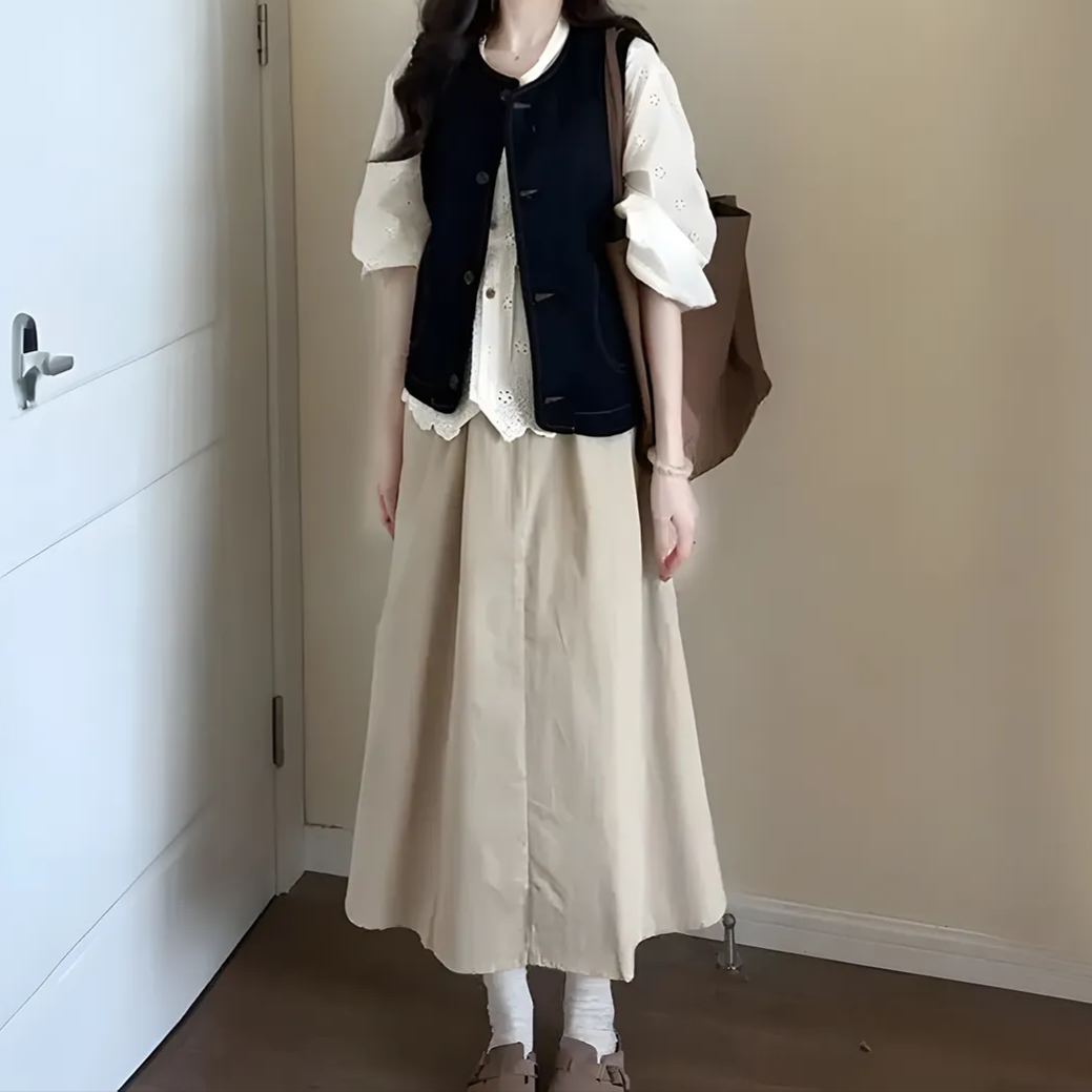 【單件/套裝】法式牛仔開衫馬甲+長袖襯衫+茶歇半身裙三件套-HaloBless