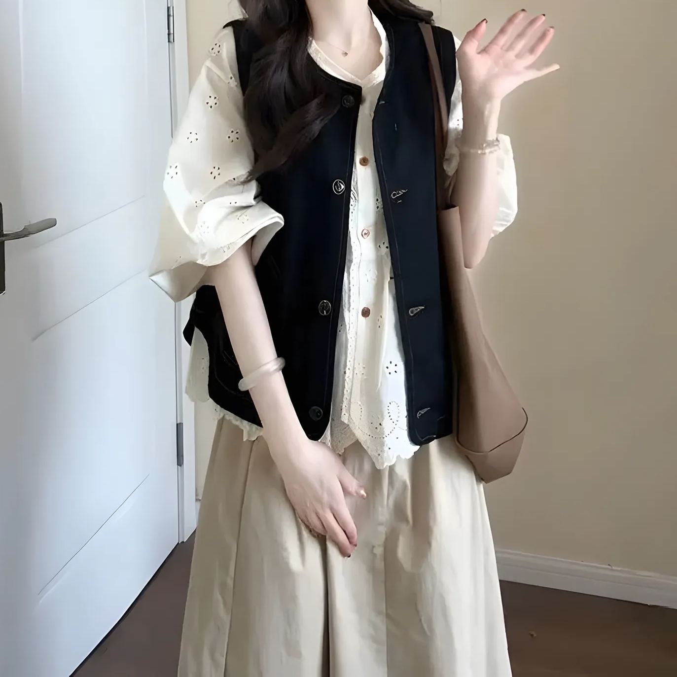【單件/套裝】法式牛仔開衫馬甲+長袖襯衫+茶歇半身裙三件套-HaloBless