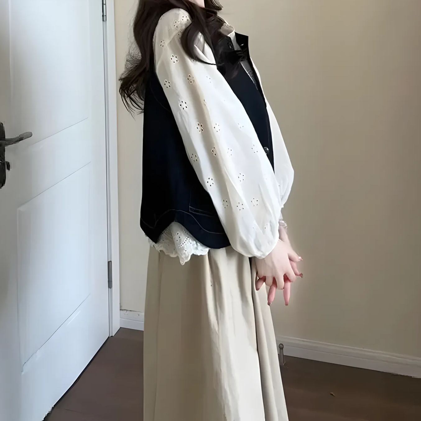 【單件/套裝】法式牛仔開衫馬甲+長袖襯衫+茶歇半身裙三件套-HaloBless