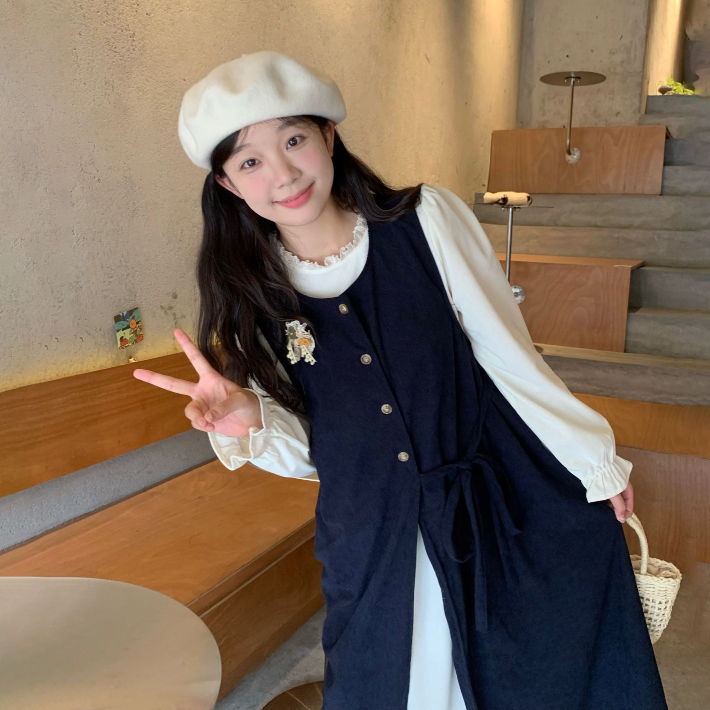 【單件/套裝】疊穿綁帶開叉背心外搭+長袖甜美洋裝兩件套-HaloBless