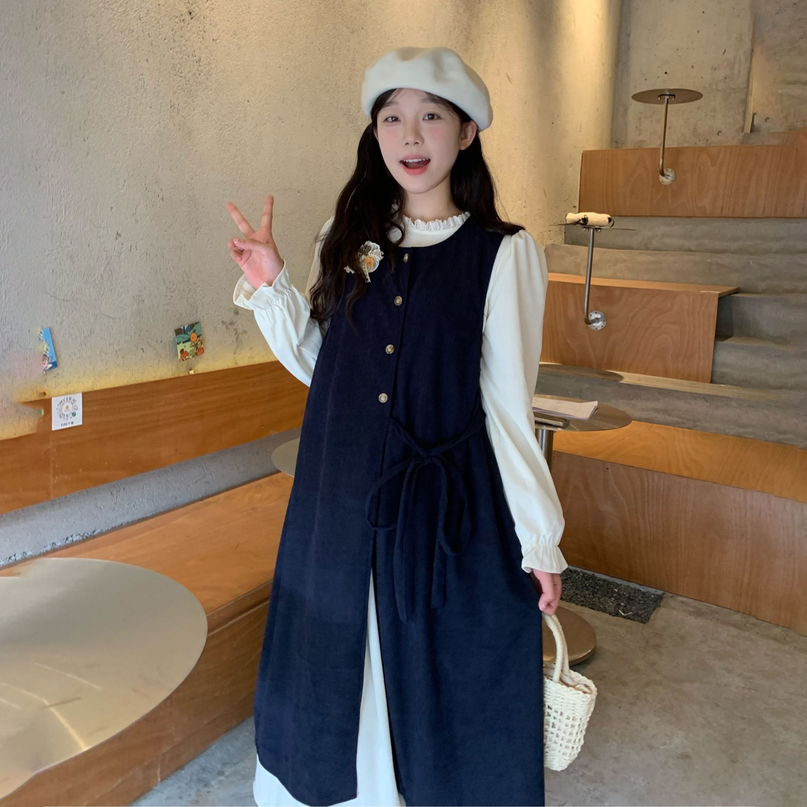 【單件/套裝】疊穿綁帶開叉背心外搭+長袖甜美洋裝兩件套-HaloBless