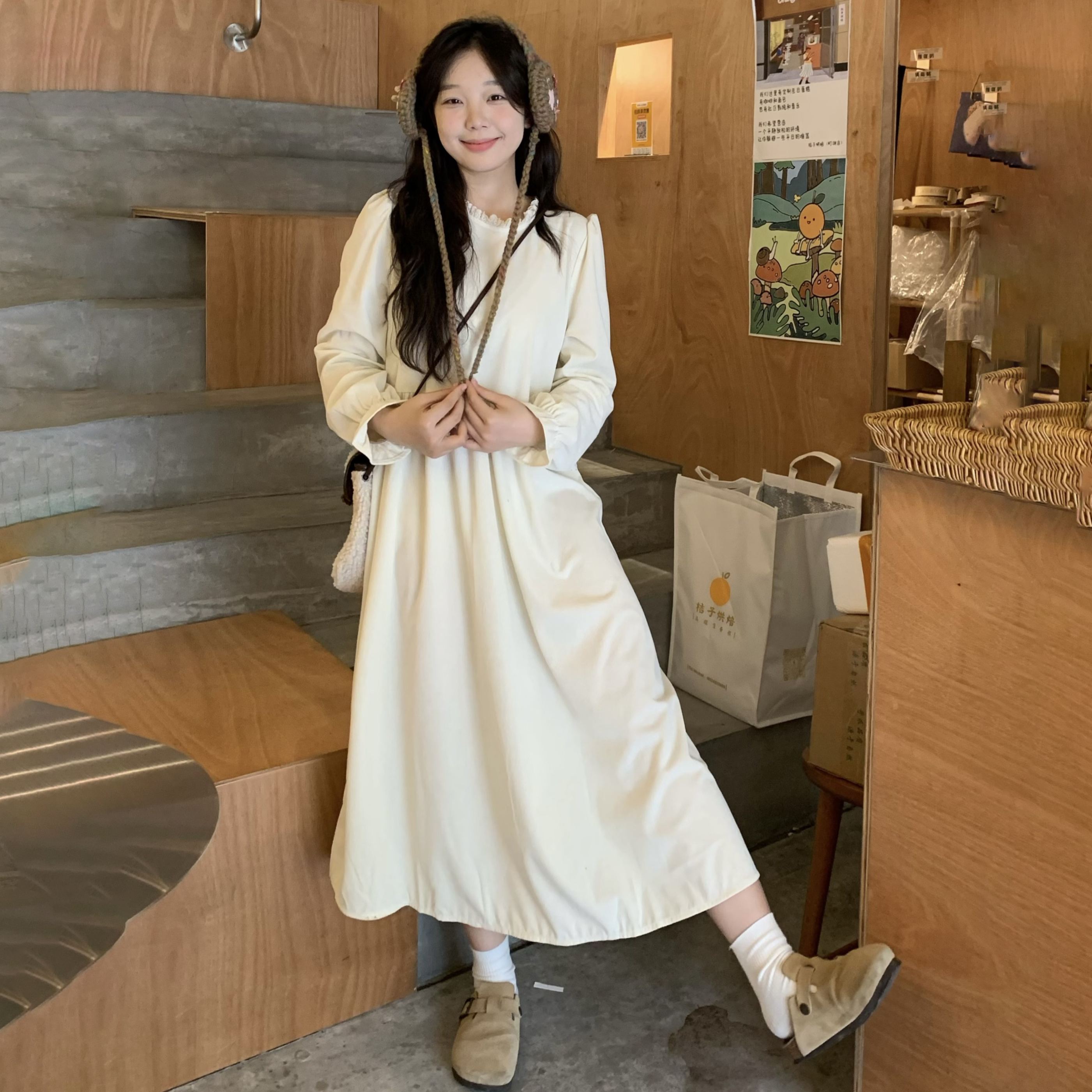 【單件/套裝】疊穿綁帶開叉背心外搭+長袖甜美洋裝兩件套-HaloBless