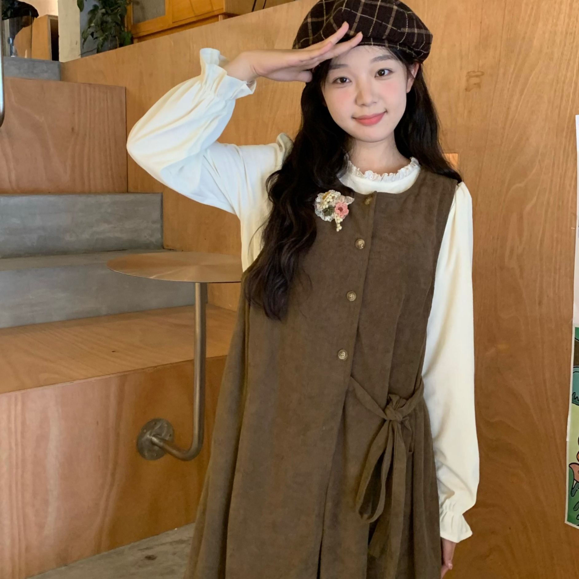 【單件/套裝】疊穿綁帶開叉背心外搭+長袖甜美洋裝兩件套-HaloBless