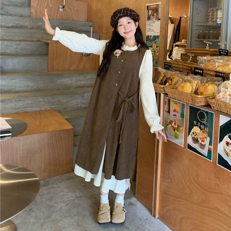 【單件/套裝】疊穿綁帶開叉背心外搭+長袖甜美洋裝兩件套-HaloBless