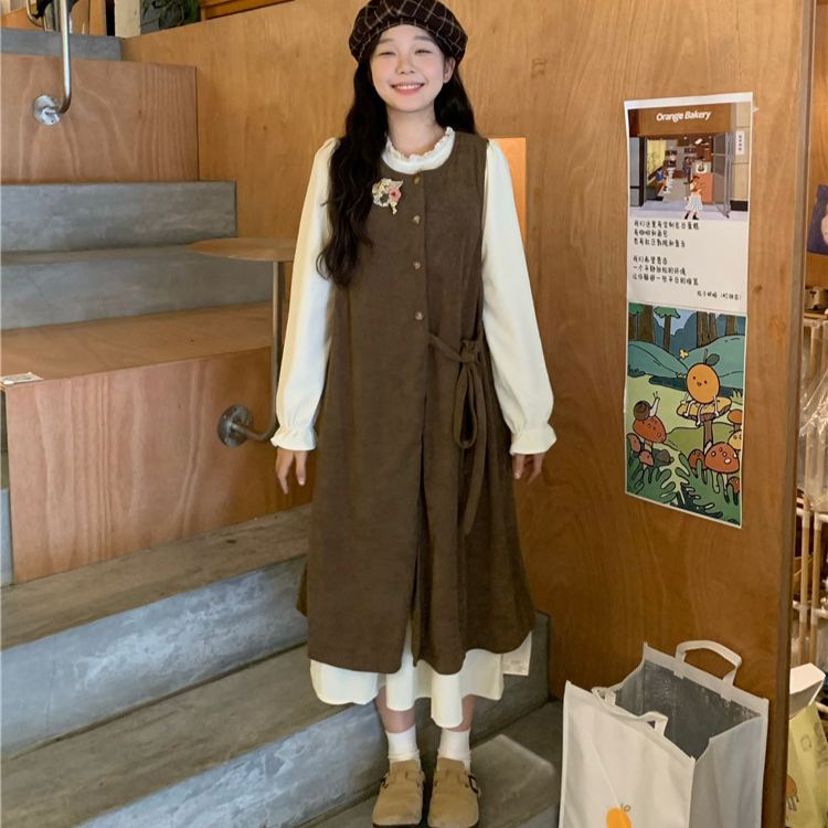 【單件/套裝】疊穿綁帶開叉背心外搭+長袖甜美洋裝兩件套-HaloBless