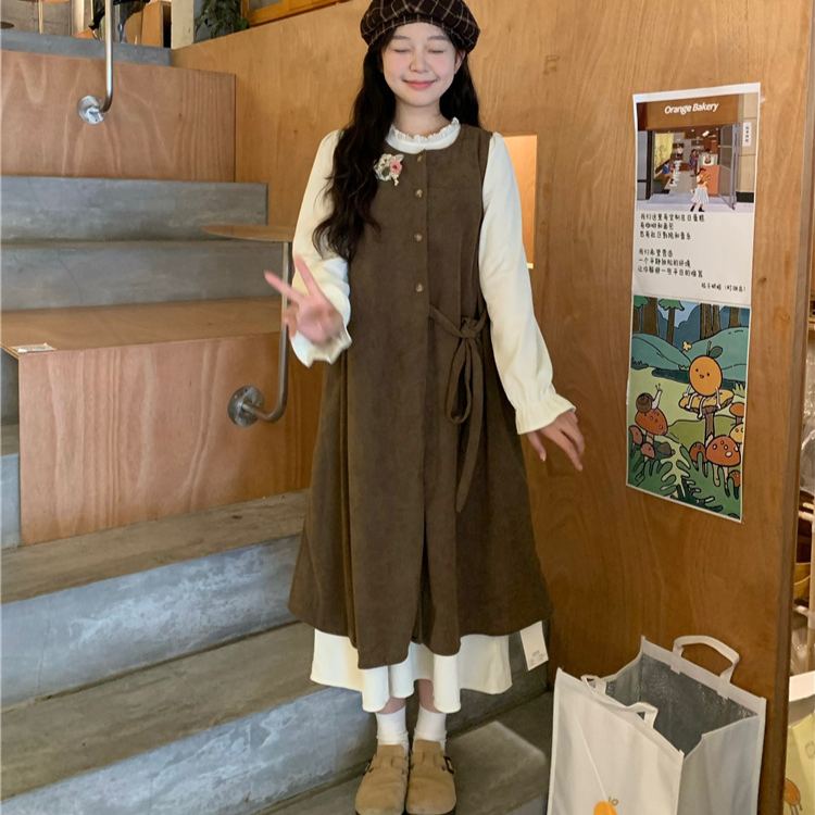 【單件/套裝】疊穿綁帶開叉背心外搭+長袖甜美洋裝兩件套-HaloBless