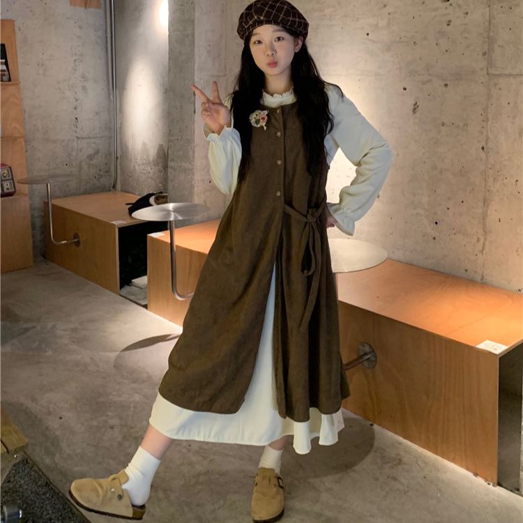 【單件/套裝】疊穿綁帶開叉背心外搭+長袖甜美洋裝兩件套-HaloBless