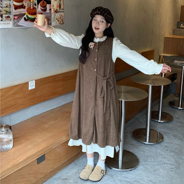 【單件/套裝】疊穿綁帶開叉背心外搭+長袖甜美洋裝兩件套-HaloBless