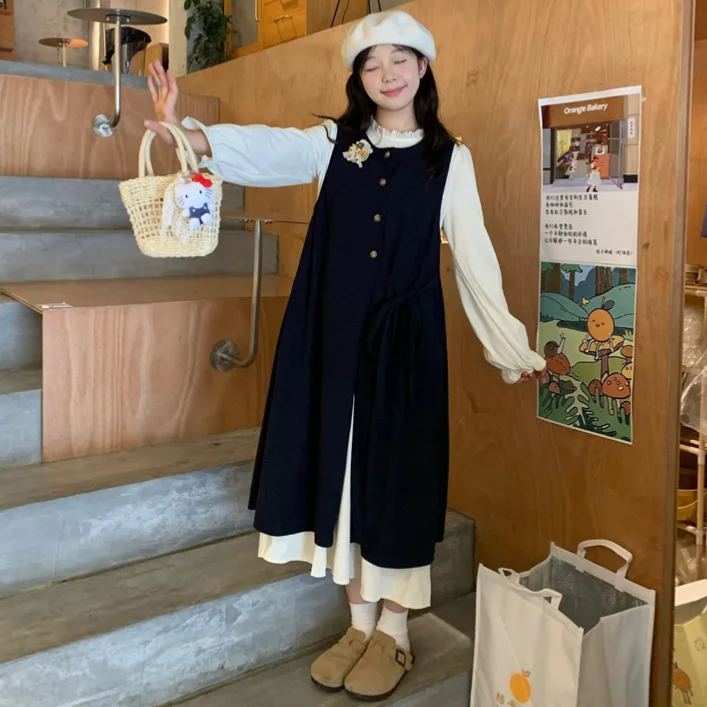 【單件/套裝】疊穿綁帶開叉背心外搭+長袖甜美洋裝兩件套-HaloBless